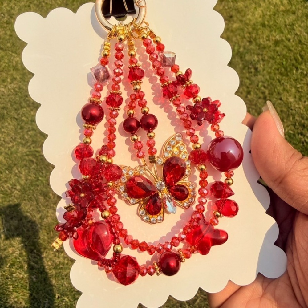 Butterfly Red Beaded Phone Wristlet Keychain Crystal Phone Strap Handmade Bag